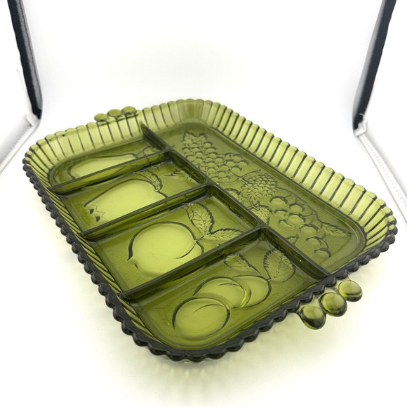 VTG Indiana Glass Green 5 Part EUC Divided Relish Fruit Design Tray 11"x9" - Picture 2 of 10